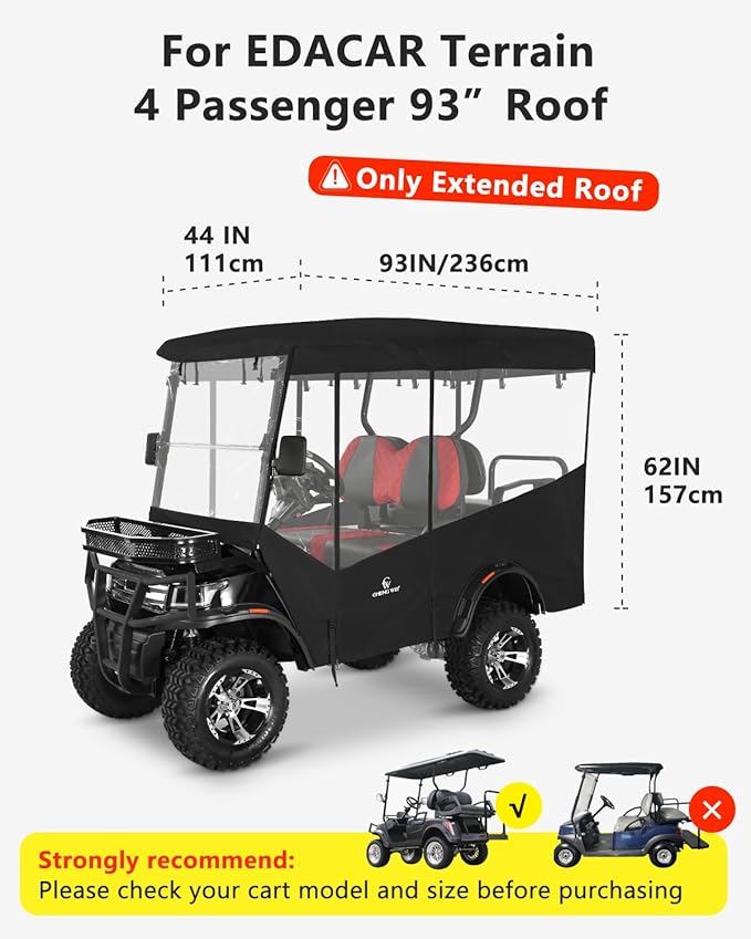 Golf Cart Enclosures 4 Passenger 93 inch Extended Roof for EDACAR Terrain 4 Seater, Clear Rain Cover 4 Sided Transparent Windows Zippers Door Roll Up Driving Enclosure, Side Mirrors Opening (Black)