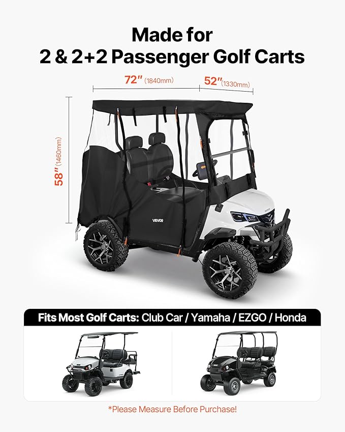 VEVOR Golf Cart Cover, Visible Full-Enclosure 2&2+2 Passenger Golf Cart, 600D Waterproof Oxford Fabric Club Car Cover Fits Most Carts Club Car, Yamaha, EZGO, Honda, PVC Coating & Windproof Hook Design