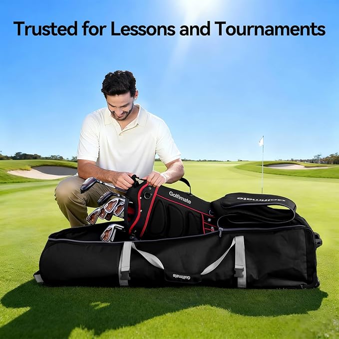 Golf Travel Bag with Wheels, Soft-Sided 1680D Oxford Golf Club Travel Cover Case for Car Trips & Short Travel, Thick Padded Protection, Large Storage Pocket for Shoes & Accessories, Easy to Maneuver