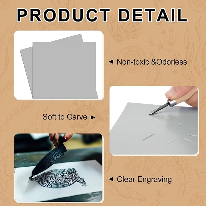 Yeaqee 4 Pcs 12 x 12 Inch Linoleum Block Rubber Carving Block Soft Linocut - Image 3