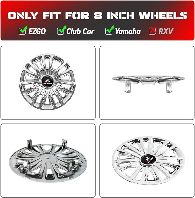 Golf Cart Hub Caps 8 Inch for EZGO/Club Car/Yamaha (Excludes EZGO RXV) Golf Cart Wheels and Tires, Snap-On Installation Wheel Covers Accessories, Premium ABS Plastic, Set of 4, Chrome