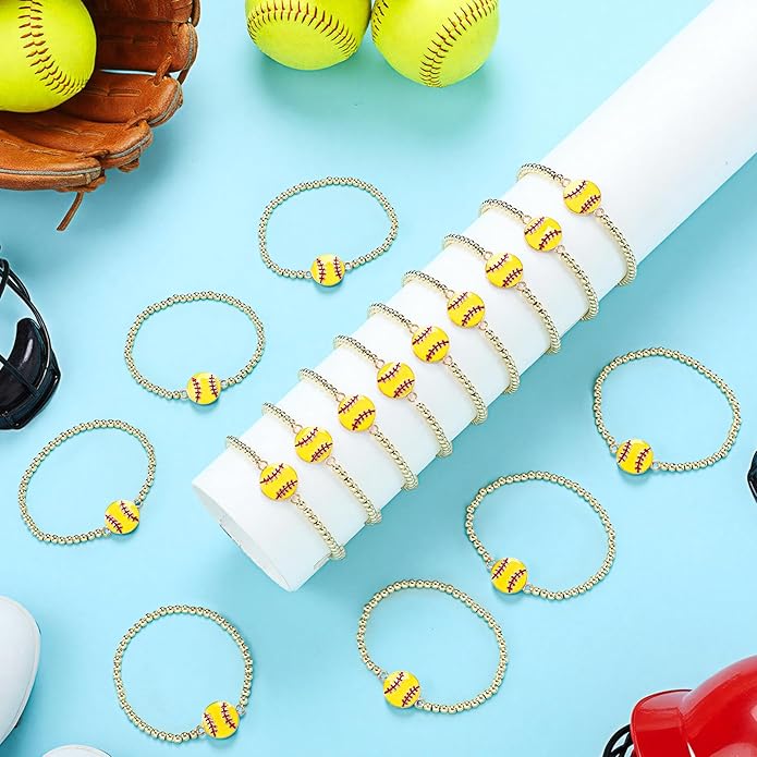 Tondiamo 24 Pcs Cheer Baseball Softball Soccer Basketball Football Tennis Bracelets Gifts Bulk Beaded Stretch Bracelets Charm Gifts Sport Jewelry Party Favors Supplies