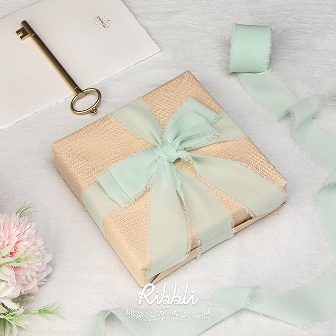 Ribbli Mint Green Chiffon Ribbon 1-1/2 inch x 20 Yard Handmade Fringe Chiffon - Image 2