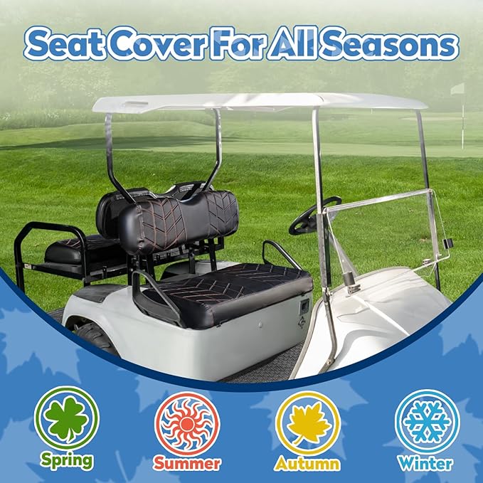 4PCS Golf Cart Seat Covers Kit, Front and Rear Seat Covers,Vinyl Seat Covers Accessories, No Staples（Black&Brown Stitch） (Fits EZGO TXT 1994-2013/EZGO RXV)