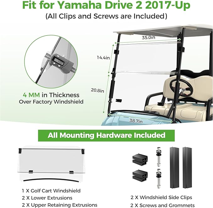 10L0L Golf Cart Windshield for Yamaha Drive 2 2017-Up, Clear/Tinted Folding Windshield with All Heavy Duty Clips, PC Material, Anti-UV & Impact Resistant - Easy Install (Fits Gas/Electric Models)