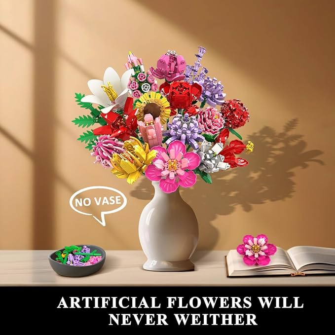 Flower Bouquet Building Set, 18 Flowers Rose Sunflower Home Plant Decor - Image 4