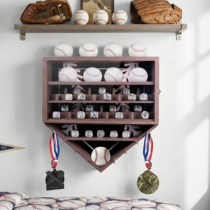 Baseball Ring Display Case, 17.9*16.9*4" , Accommodate 35 Rings, 9 Balls and 8 Medals, Championship Rings Medals Holder, Wall Mount Baseball Case Display, Equipped with a Dust-Proof Door