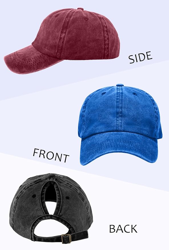 Womens Vintage Washed Distressed Baseball-Cap with Ponytail Hole Sport Golf Hat
