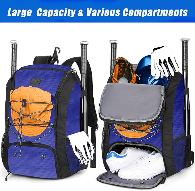 MATEIN Baseball Backpack, Softball Bat Bag with Shoes Compartment for Youth, Boys and Adult, Lightweight Baseball Bag with Fence Hook Hold TBall Bat, Batting Mitten, Helmet, Caps, Teeball Gear