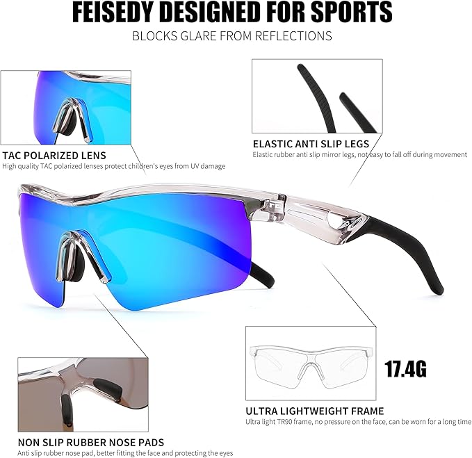 FEISEDY Kids Teens Baseball Polarized Sunglasses Sports TR90 Frame Boys Girls Cycling B2454