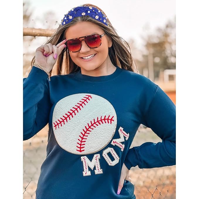 Baseball Headbands for Women Crystal Baseball Embellished Wide Top Knot Headband for Women Game Day Hair Accessories (Navy Blue)