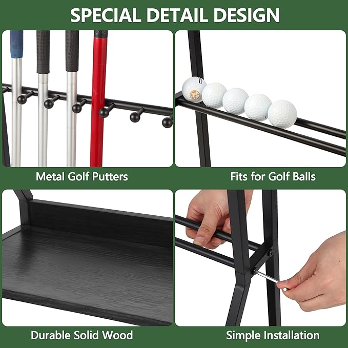 Golf Club Holder for 9 Clubs & 9 Balls, Solid Wood & Iron Golf Organizer, Golf Putter Holder Floor Stand, Golf Club Stand Suitable for Golf Simulators｜Golf Course Accessories