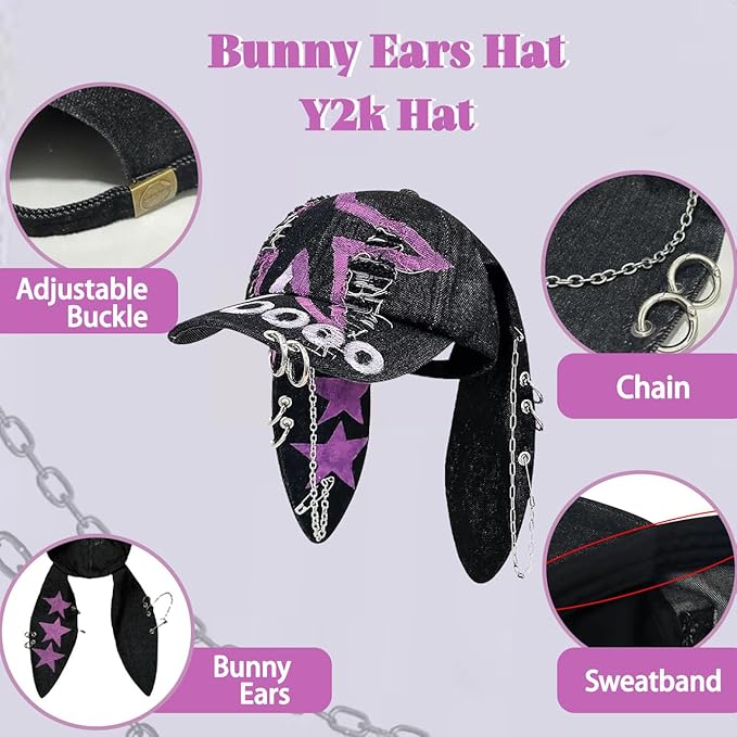 Y2k Hat Punk Hats Denim Bunny Hat Chains Distressed Baseball Cap Kpop Outfits Y2k Grunge Hats for Women