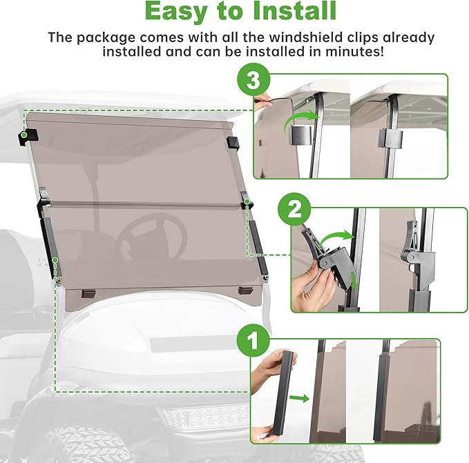 10L0L Golf Cart Windshield for Club Car Precedent 2004-Up, Tempo, 2017-Up Onward, Clear/Tinted Fold Down Club Car Windshield Anti-UV Impact Resistant, HD View, 37.5" W X 33.6" H