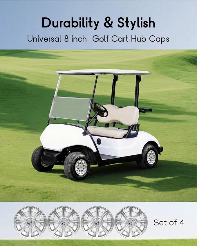 8 Inch Golf Cart Hub Caps Set of 4, Universal Fit Metal Wheel Covers with Metal Clips for EZGO Club Car Yamaha, Rustproof Wheel Hubcaps Replacement Golf Cart Accessories (Silver)