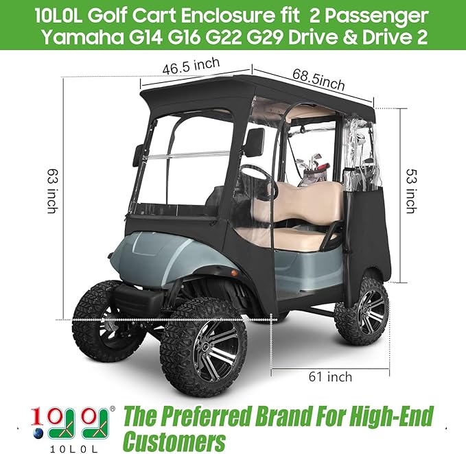 10L0L 2 Passenger Golf Cart Enclosure fit Yamaha G14 G16 G22 G29 Drive/Drive 2, 600D Heavy Duty Yamaha Rain Cover with Clear PVC Windshield, Side Mirror Openings, Waterproof/UV Block Oxford Cloth