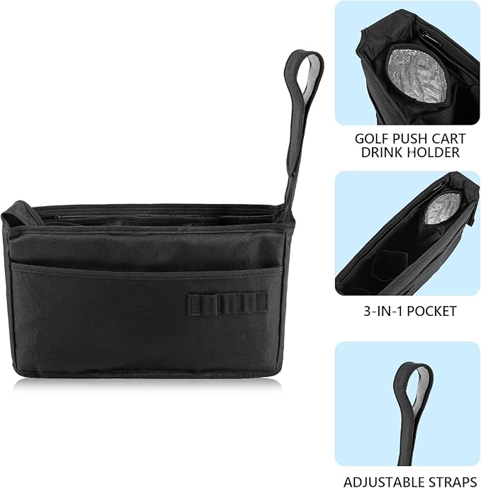 TUYUU Golf Push Cart Organizer, Accessories Pouch Bag, Drink Holder, Black