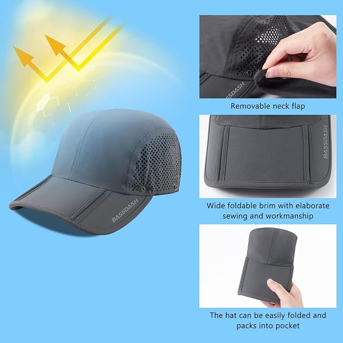 BASSDASH UPF 50+ Foldable Fishing Hat Baseball Cap with Removable Neck Flap Portable for Men Women Golf Hiking