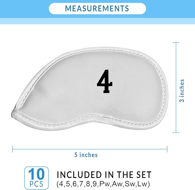 All Teed Up Premium Magnetic Leather Iron and Wedge Golf Club Head Covers | Set of 10 | Fits Most Clubs | Embroidered Club Label on Both Sides of Club Head Cover