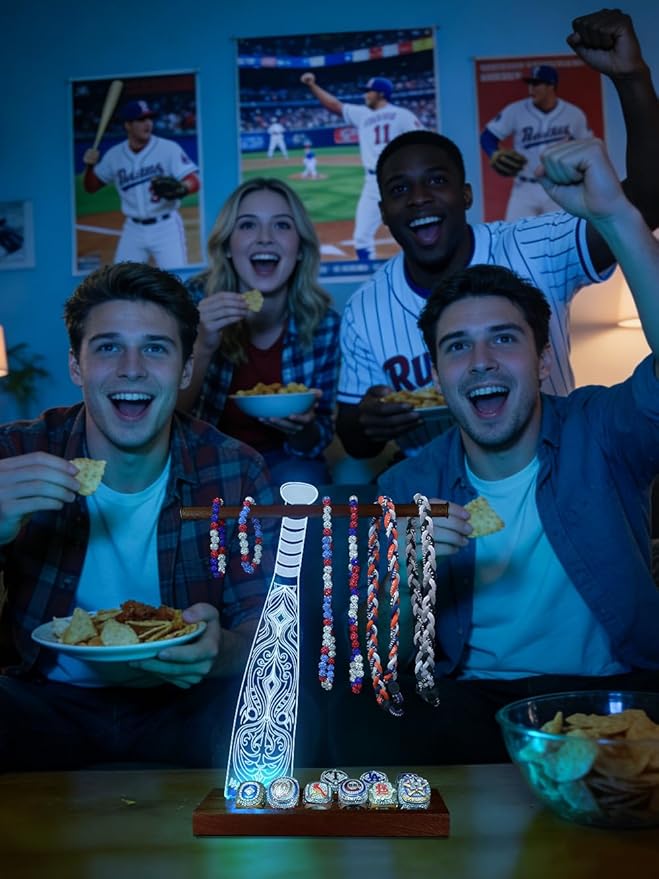 CoolGift Mart Light up Baseball Necklace Hanger and Championship Ring Display Stand, Acrylic Wooden LED Night Lamp with USB Powered, Gift for Baseball Softball Players Lovers