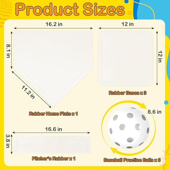 Mototo Rollable Baseball Base for Yard Practice Kit, 5 Baseball Home Plate Rubber Base with 6 Practice Soft Balls & Black Storage Bag, Throw Down Home Plate for Backyard, School Kickball, Tball