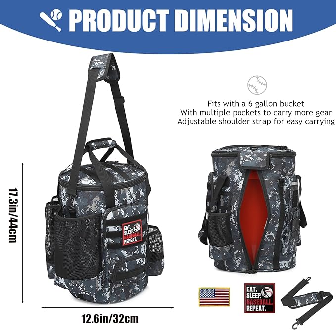 Baseball Bucket Bag 6 Gallon Bucket Cover Organizer w/Padded Seat tactical Softball Coaches Bag for Balls, Bat, Gloves, Scoreboards
