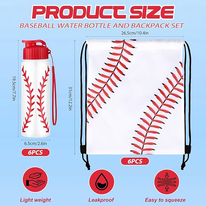 Olgaa 12 Pcs Baseball Party Favors Include 6 Pcs Water Bottle 20 oz 6 Pcs Drawstring Bag Sports Themed Reusable Drink Bottles Bulk Accessories for Players Lovers Team Gifts (Baseball)