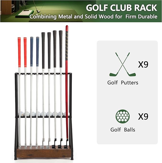 Golf Club Holder for 9 Clubs & 9 Balls, Solid Wood & Iron Golf Organizer, Golf Putter Holder Floor Stand, Golf Club Stand Suitable for Golf Simulators｜Golf Course Accessories