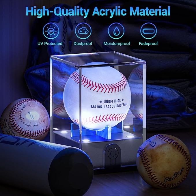 Baseball Display Case with Led Light, Acrylic Baseball Case for Display, Light up Baseball Holder Display Case, UV Protected Baseball Clear Display Case for Memorabilia Baseball Golf(2PCS)