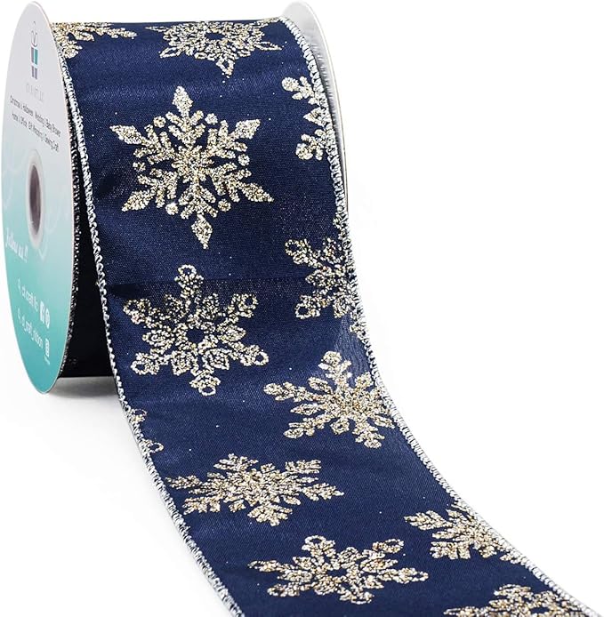 CT CRAFT LLC Navy Satin Gold Snowflake Wired Ribbon 2.5 Inch x 10 Yards by CTCRAFTLLC