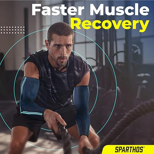 Sparthos Arm Compression Sleeves - Forearm Brace for Recovery, Support for Athletic Sports Running Tennis Baseball Lifting Football Gym Fit Shooting Weightlifting Golf - for Men and Women (Blue-M)
