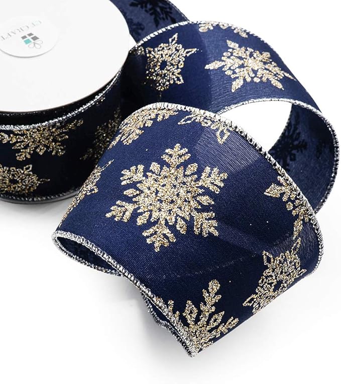 CT CRAFT LLC Navy Satin Gold Snowflake Wired Ribbon 2.5 Inch x 10 Yards - Image 3