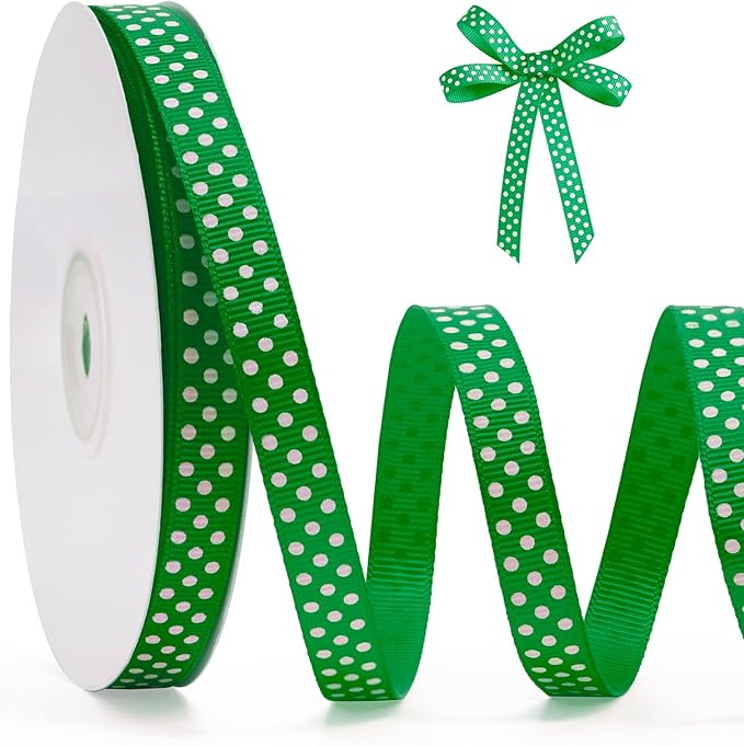Polka Dot Grosgrain Ribbon 3/8 Inch, 25 Yards Spool Green and White Polka Dot by FAKILO