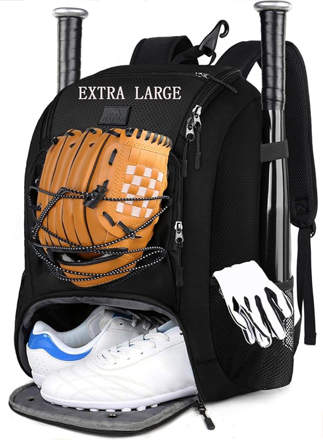 MATEIN Baseball Backpack, Softball Bat Bag with Shoes Compartment for Youth, Boys and Adult, Lightweight Baseball Bag with Fence Hook Hold TBall Bat, Batting Mitten, Helmet, Caps, Teeball Gear