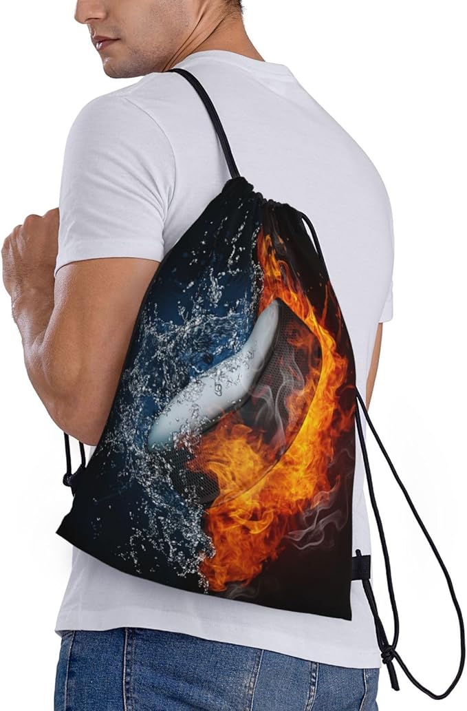 Boys Hockey Drawstring Bags, Sports-Themed Drawstring Backpack Casual Knapsack with Water and Fire Printed for Kids Teens Adults Women Men for Gym Travel Swimming Hiking Camping, Medium