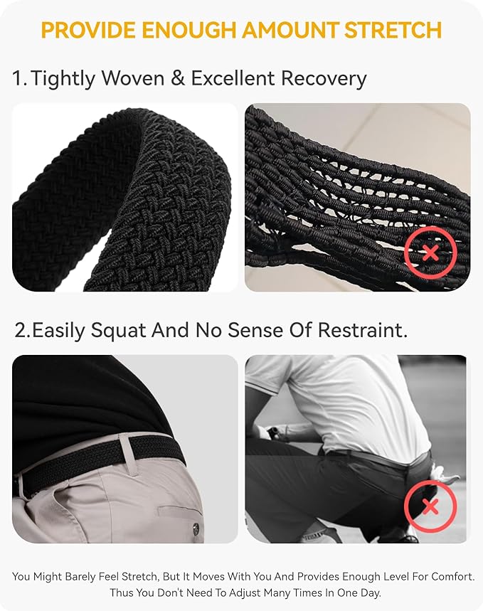 CHAOREN Stretch Belt Men 2 Pack - 1 3/8" Braided Golf Belts For Men - Casual Elastic For Pants and Jeans