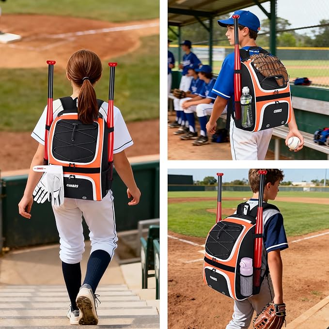 Youth Baseball Bag - Baseball Backpack Bat & Glove Holder, T-Ball & Softball Equipment & Gear,Large Main Compartment for Helmet & accessories, Fence Hook，Insulation Pocket