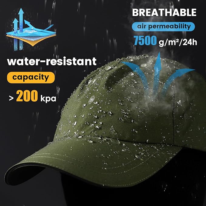 Mens Water-Resistant Baseball Cap Womens Rain Hat Foldable Outdoor Running Sun Fishing hat