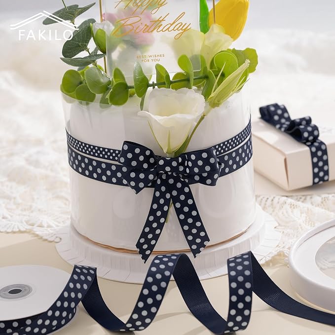 Polka Dot Grosgrain Ribbon 3/8 Inch, 25 Yards Spool Navy Blue and White Dot - Image 4