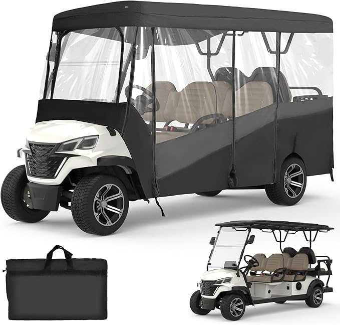 KEMIMOTO Golf Cart Enclosure, 6 Passenger Golf Cart Rain Cover, 600D Waterproof Driving Enclosure with Clear PVC Windshield for Extended Roof Golf