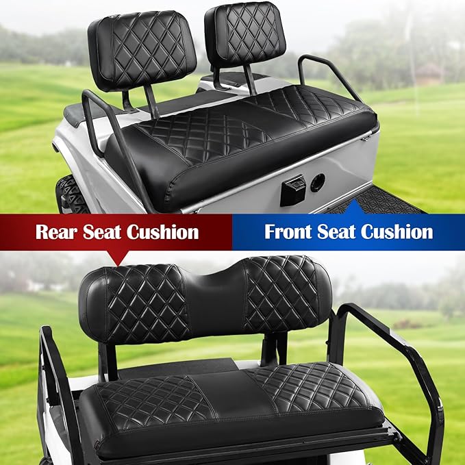 NOKINS 4PCS Golf Cart Diamond Seat Covers Kit,Front and Rear Seat Covers for Club Car Precedent/EZGO TXT/Yamaha Original Regular Seat Cushion (Black&Black Stitching, Fit Club Car DS Pre-2000)