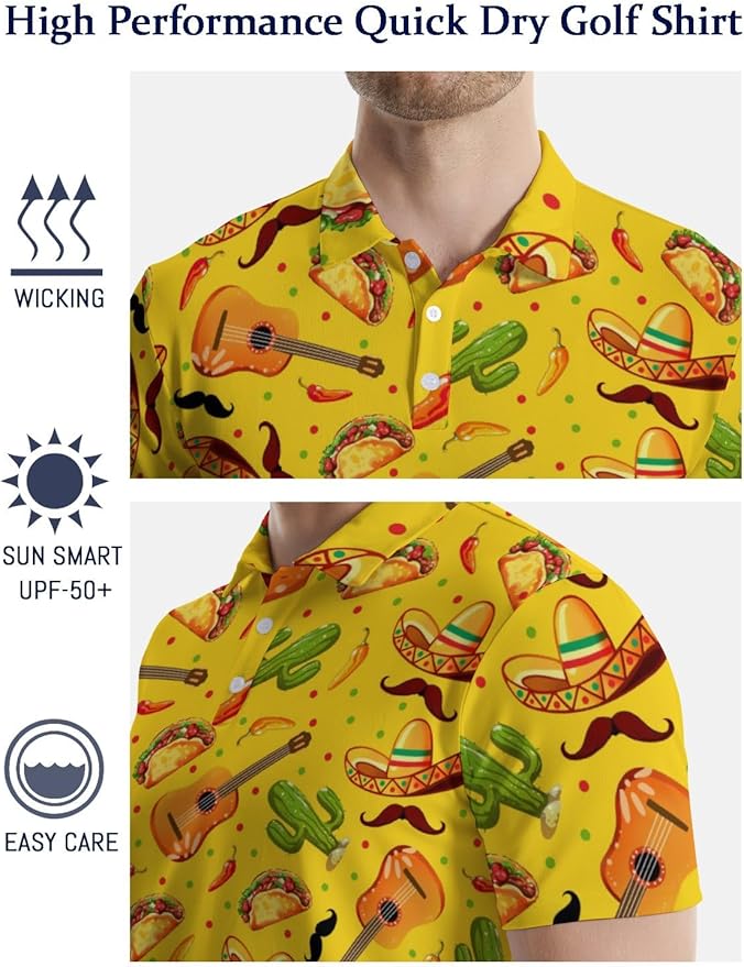 HUURAY Funny Golf Polos for Men Funny Print Short Sleeve Shirts Quick Dry Polo Shirts Hawaiian Shirt Performance Golf Outfits