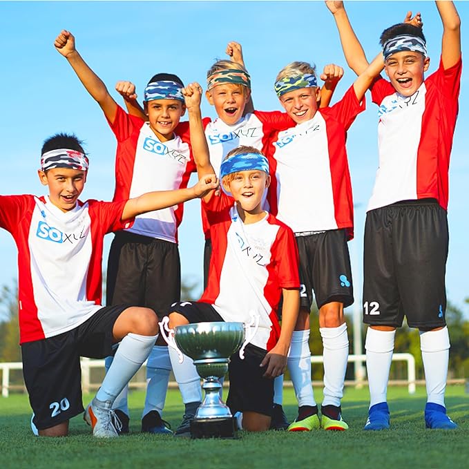 6Pcs Breathable Sports Sweatbands for Kids - Ages 4-10 Boys Girls Sweat Wicking Non Slip Elastic Hairbands, Athletic Headbands Accessories Gifts for Football Soccer Basketball Baseball Dance