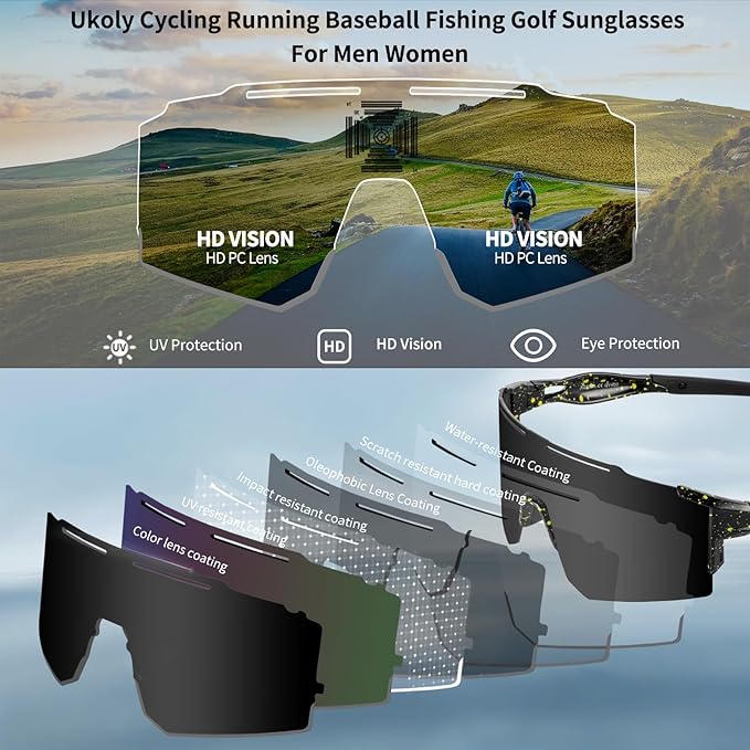 Ukoly Cycling Sunglasses for Men Women with 3 Interchangeable Lenses, Polarized Sports Sunglasses, Baseball Sunglasses