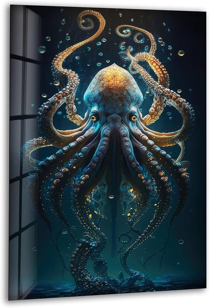 My Photostation.com Round 24'' Underwater Blue Octopus Glass Wall Art Tempered by MyPhotostation