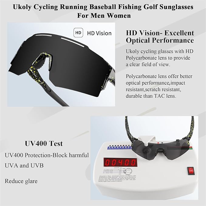 Ukoly Cycling Sunglasses for Men Women with 3 Interchangeable Lenses, Polarized Sports Sunglasses, Baseball Sunglasses