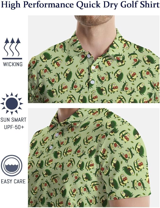 HUURAY Funny Golf Polos for Men Funny Print Short Sleeve Shirts Quick Dry Polo Shirts Hawaiian Shirt Performance Golf Outfits