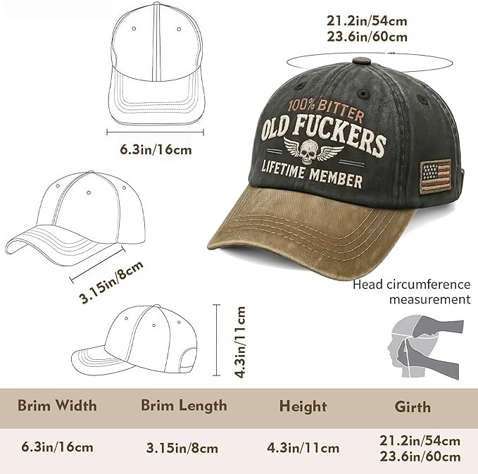 Old Fuckers Club-Vintage Baseball Cap, Hand-Embroidery Adjustable Wash Old Fuckers Club100% Bitter Lifetime Member Hat