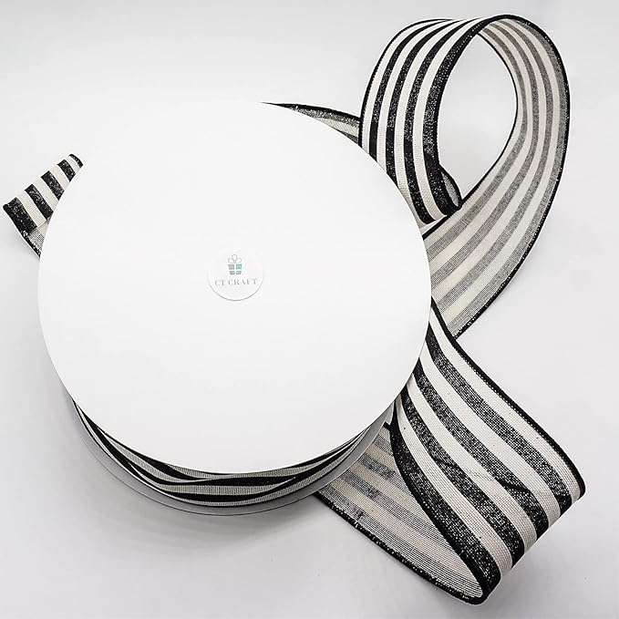 CT CRAFT LLC Striped Canvas Cotton Ribbon 2.5" x 50 Yards Ivory/Black Stripes - Image 2