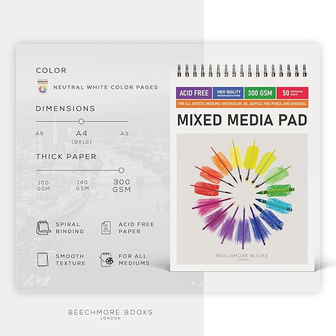 BEECHMORE BOOKS Mixed Media Spiral Sketchbook A4 9×12 – 300 GSM Heavyweight - Image 2